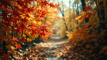 A path through the forest, framed by vibrant red and yellow foliage, invites a gentle stroll as the sun bathes the scene in a warm glow.