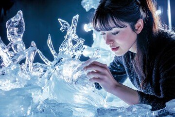 Artist meticulously carves intricate ice sculptures during a winter festival celebration