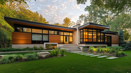 A modern, minimalist architectural design of a house with clean lines, large windows, and natural light streaming through, surrounded by simple landscaping