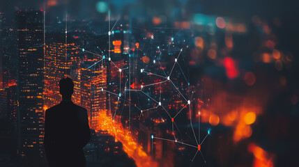 Smart digital city with connection cyber security network reciprocity over the cityscape . future smart wireless digital city and social media networking systems that connects people within the city