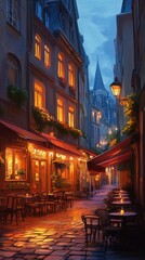 Fototapeta premium Cozy Evening Street Scene with Tables, Chairs, and Warm Reflections
