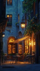 Cozy Evening Scene of a Charming Cafe in a Quiet European Alleyway