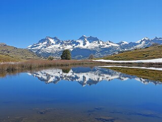 Serene Mountain Landscape Reflecting in Calm Lake Under Clear Blue Sky