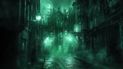 Fototapeta premium Neon-Lit Cyberpunk Alley, a shadowy urban passageway filled with vibrant neon hues, enveloped in a mysterious mist and futuristic ambiance