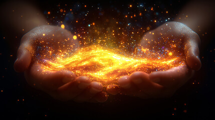 A magical, glowing substance held between two hands, radiating sparks of light and energy, creating a mystical effect.