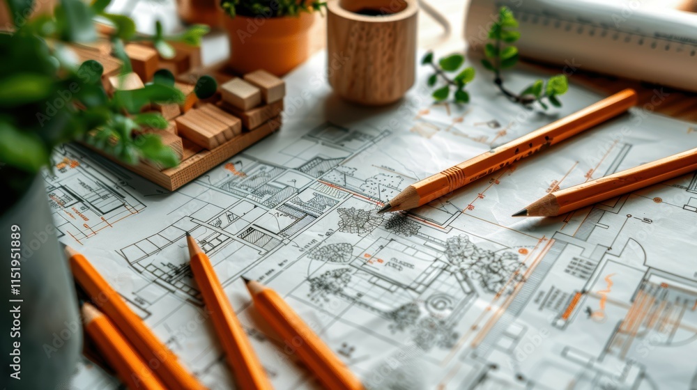 Poster architectural sketching overhead view of architect in creative workspace digital illustration