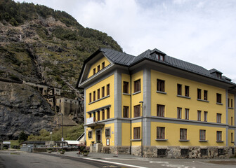 Entrance to museum of mining in Cave del Predil, Italy, small famous mine town on the border of Slovenia, Julian Alps also known as Raibl.