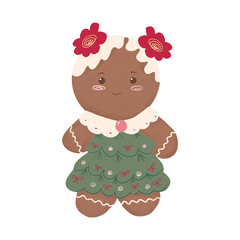 Gingerbread girl with bows and in a dress in the form of a Christmas tree, on a white background