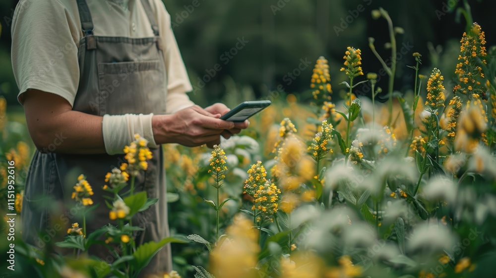 Aufkleber farmer scanning crops with handheld device in field for disease detection and monitoring