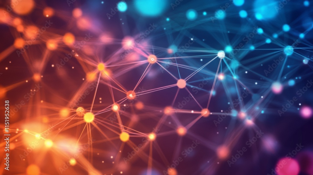Poster a vibrant digital network of glowing nodes and lines, showcasing connections in a colorful abstract 