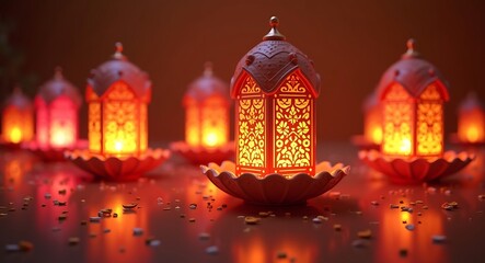Obraz premium Glowing Ramadan Lanterns: Festive Lights and Intricate Designs