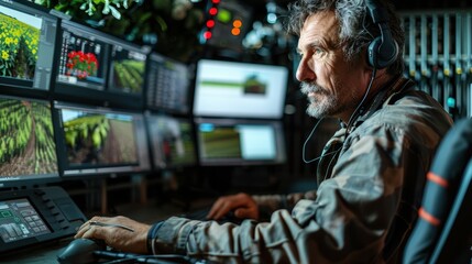 Fototapeta premium High-tech control room expert monitoring of autonomous farming in modern agriculture