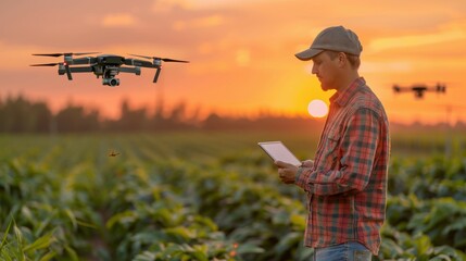 Revolutionizing agriculture aerial view of farmer with tablet in sunrise field