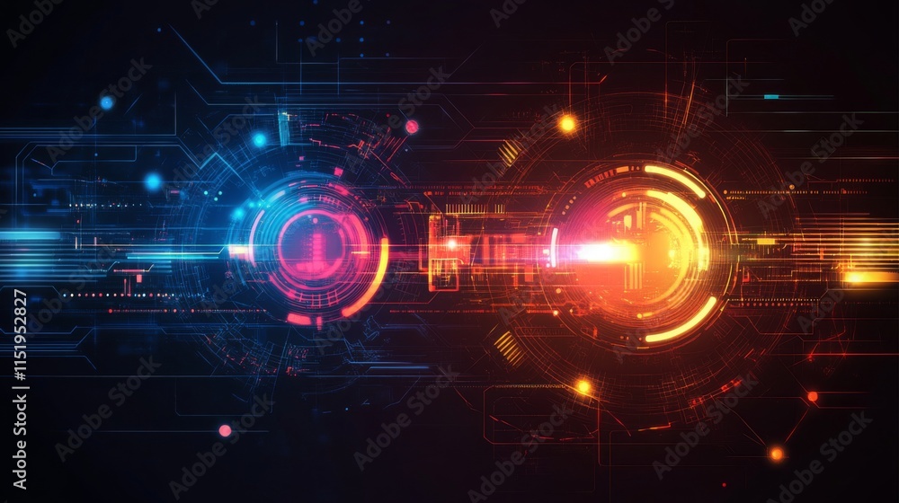 Leinwandbilder a vibrant abstract image featuring colorful light trails and circular forms, representing digital te