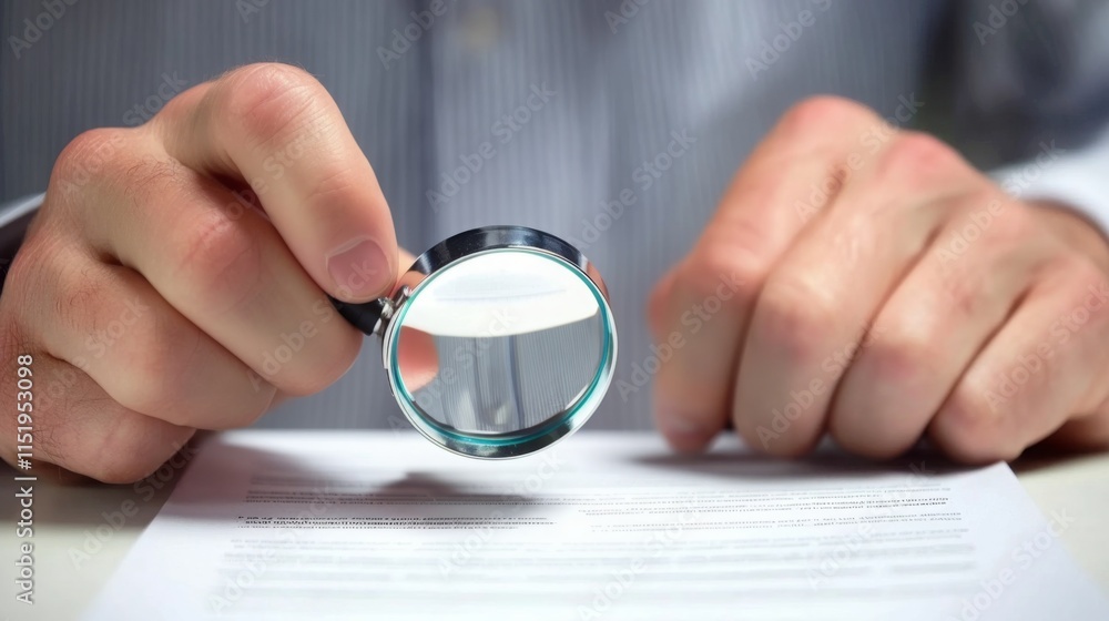 Aufkleber A person examines a document closely using a magnifying glass, focusing intently on the text for clarity and detail.