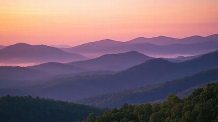 Fototapeta premium Serene Mountain Landscape at Sunrise with Soft Pastel Colors and Fog