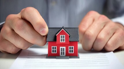 A person is placing a small red house on a document, suggesting a focus on real estate or property transactions.