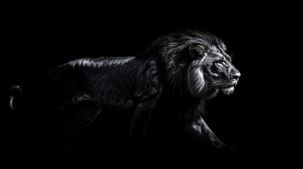 Imposing Majestic Lion Walking Through the African Savannah, Strong Contrasts and Deep Shadows in Black and White Style