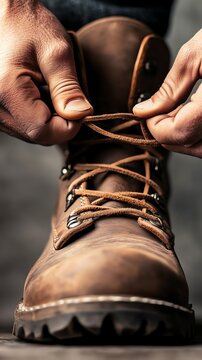 Close-up of hands tying laces on rugged brown boot, symbolizing adventure and durability.