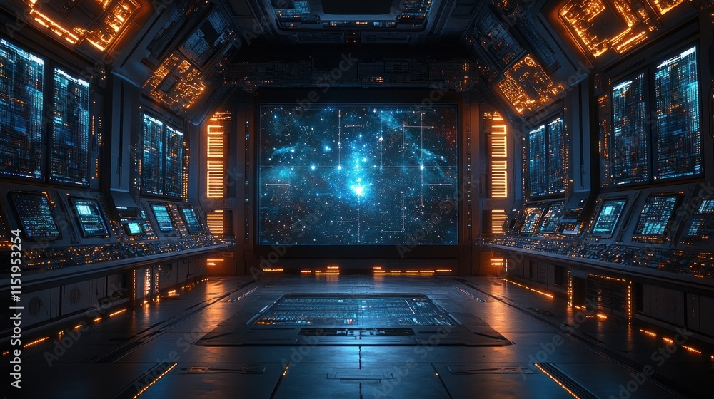 Poster futuristic spaceship bridge interior with large screen displaying star map.