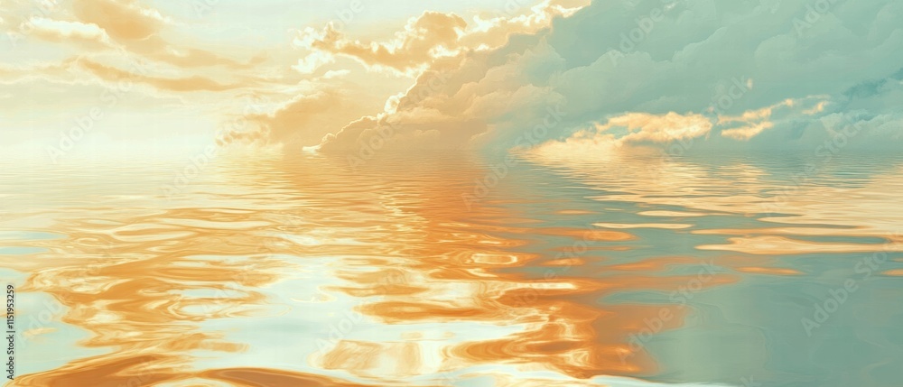 Poster serene ocean view with warm sunset reflection and soft clouds above