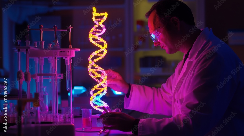 Aufkleber a scientist in a lab coat examines a vibrant, illuminated dna helix model.
