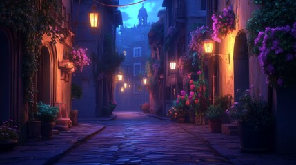 Fototapeta premium A night-time shot of an empty alley in an old city, lit by neon lights and street lamps, creating a cinematic and moody atmosphere