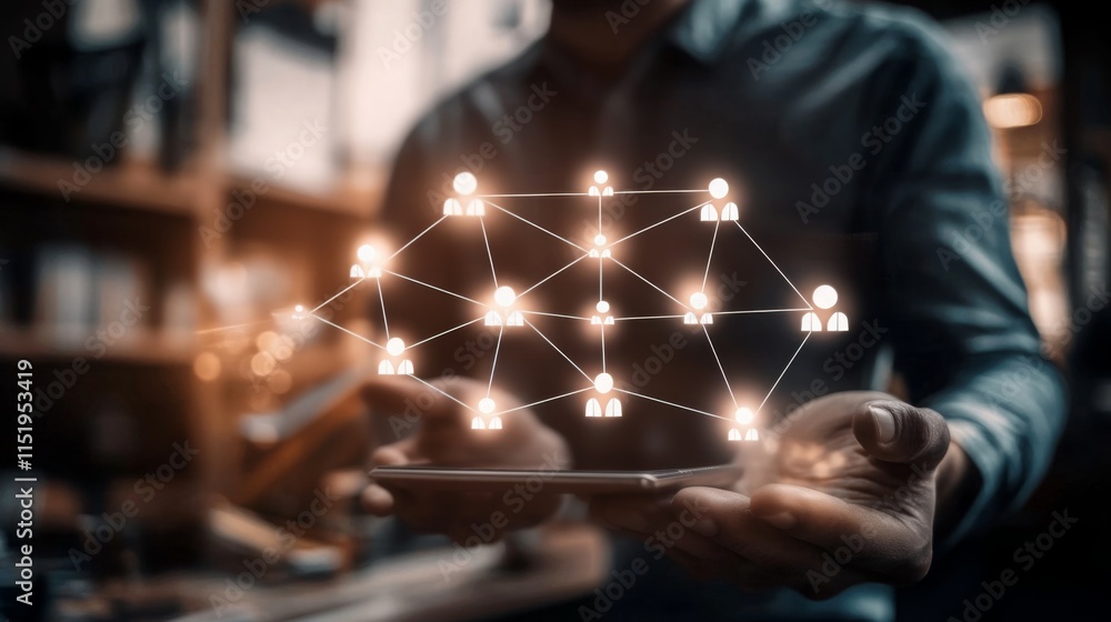 Poster A person interacts with a digital network, showcasing connectivity and technology through glowing nodes representing connections.