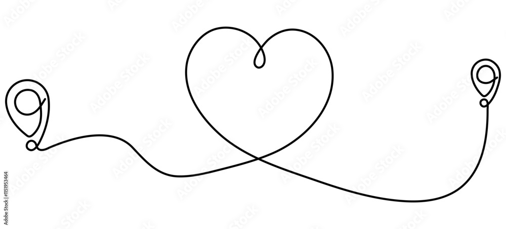 Poster location markers path continuous line art drawn. gps navigation symbol. travel destination concept. 