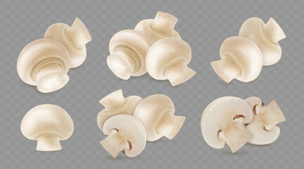 3D mushroom. Vegetable button slice. Champignon pieces. Food product eating. Brown half or whole uncooked fungus. Gourmet boletus and shiitake. Fungi ingredient. Vector isolated set