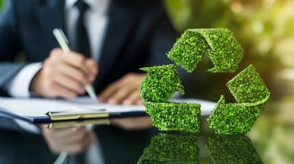 A businessperson writes notes with a green recycling symbol in focus, highlighting sustainability and environmental awareness.