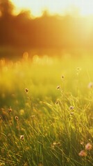 Naklejka premium Golden Sunlight on Green Grass with Wildflowers at Dusk