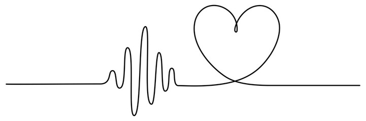 Heartbeat cardiogram continuous line drawing. Heart pulse and rhythm symbol. Healthcare concept. Vector illustration isolated on white.