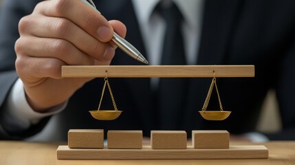 A person in a suit adjusts a wooden scale, symbolizing justice, balance, and fairness in legal matters.