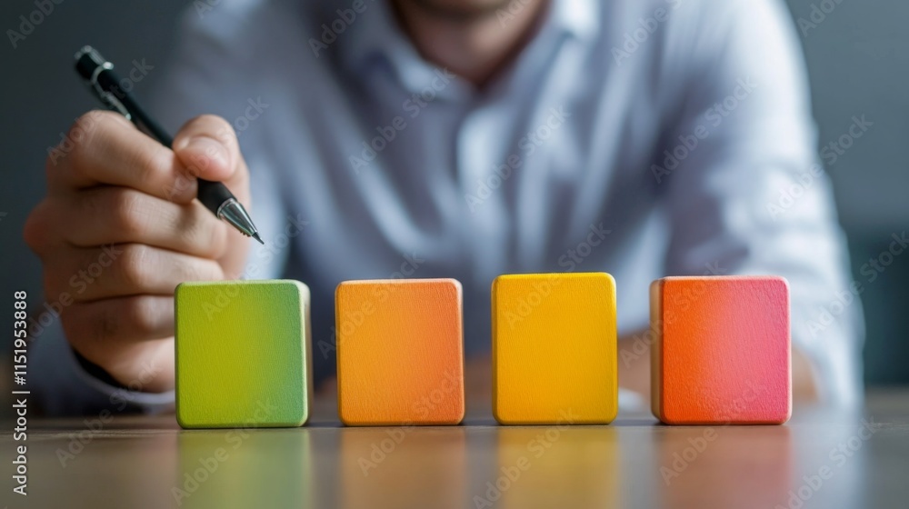 Aufkleber A person is writing while arranging colorful blocks on a table, focusing on creative organization and planning.