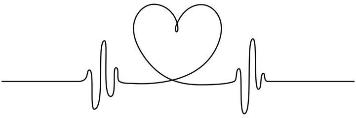 Obraz premium Heartbeat cardiogram continuous line drawing. Heart pulse and rhythm symbol. Healthcare concept. Vector illustration isolated on white.