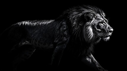 Imposing Majestic Lion Walking Through the African Savannah, Strong Contrasts and Deep Shadows in Black and White Style