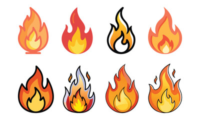 Collection of Fire Flame Icons, A set of eight flame icons in vibrant styles, symbolizing fire, energy, heat, passion, and intensity for various design concepts.
