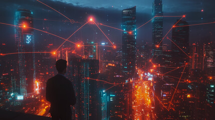 Smart digital city with connection cyber security network reciprocity over the cityscape . future smart wireless digital city and social media networking systems that connects people within the city