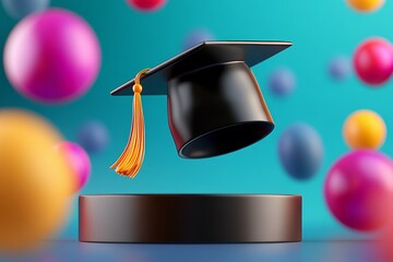 A 3D-rendered graduation cap and diploma floating above a podium surrounded by colorful, glowing particles