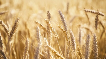 Fototapeta premium Close-up of golden wheat ears in a sunlit field, showcasing detailed textures of ripe grains swaying gently in the breeze, representing the beauty of agriculture and nature’s harvest.