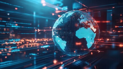 Fototapeta premium Global Trade Dynamics, a digital representation of interconnected countries through arrows illustrating the flow of goods and commerce.