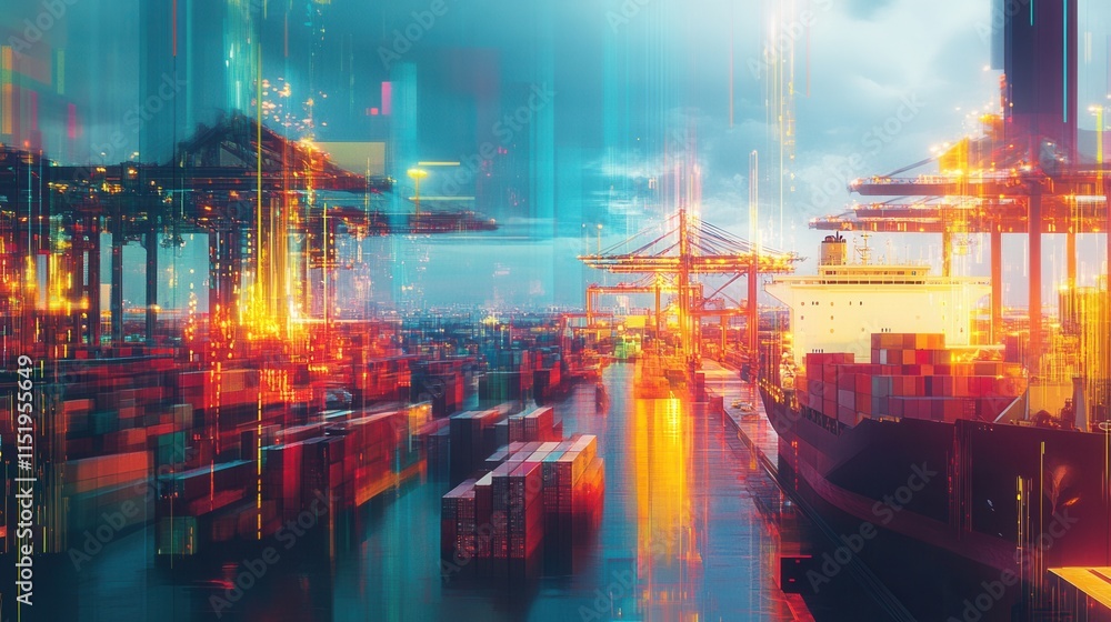 Poster dynamic shipping port scene, bustling activity with container ships in motion, cranes loading and un