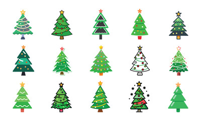 Collection of Christmas Tree Icons, A festive collection of fifteen Christmas tree icons in various styles, decorated with ornaments, lights, and stars for the holiday season.
