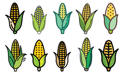 Colorful Corn Icons Collection, A set of ten colorful corn icons in vibrant styles, ideal for food, farming, agriculture, or organic product designs and concepts.
