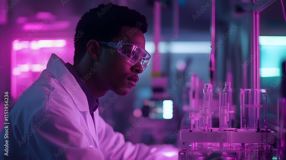 Poster a focused scientist in a lab working with test tubes