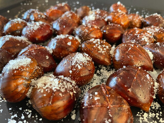 Unroasted Chestnuts with Salt Crystals on Top, Close-Up Macro
