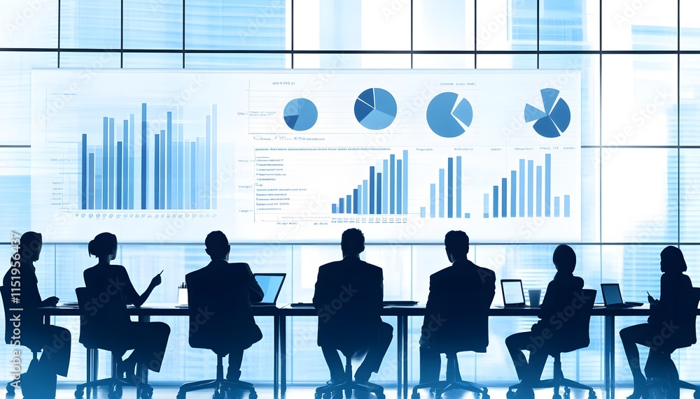 Poster a group of business professionals engaged in a productive meeting, analyzing reports and data visual
