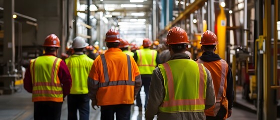 A group of construction workers in safety gear walking through a large industrial facility, showcasing teamwork and safety protocols in a manufacturing environment.