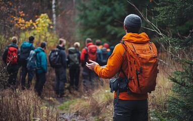 Naklejka premium A group of hikers in vibrant jackets walking through a forest trail
